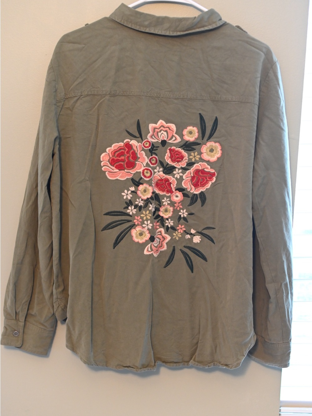 Hummingbird Olive Green Button-Down Shirt with Pink & Red Floral Embroidery